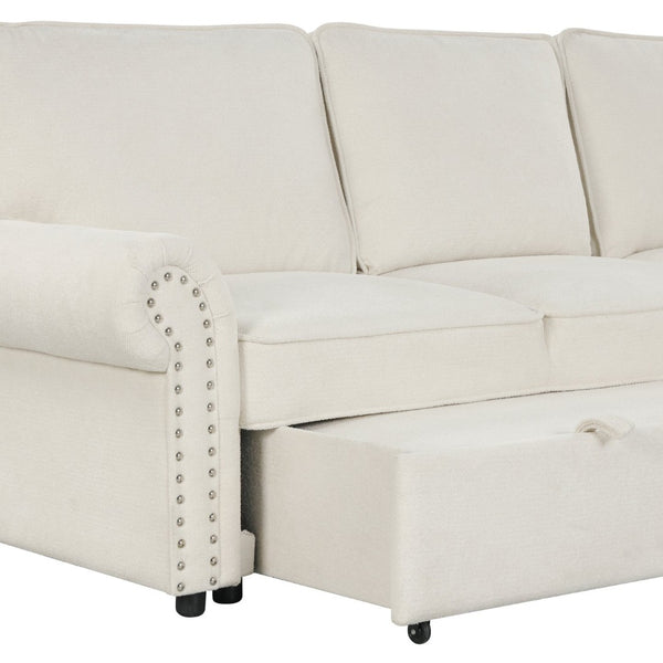 English Elm U_style Convertible Sectional Sofa with Sleeper Storage Chaise and Nailhead Arc Armrests WY000466AAA