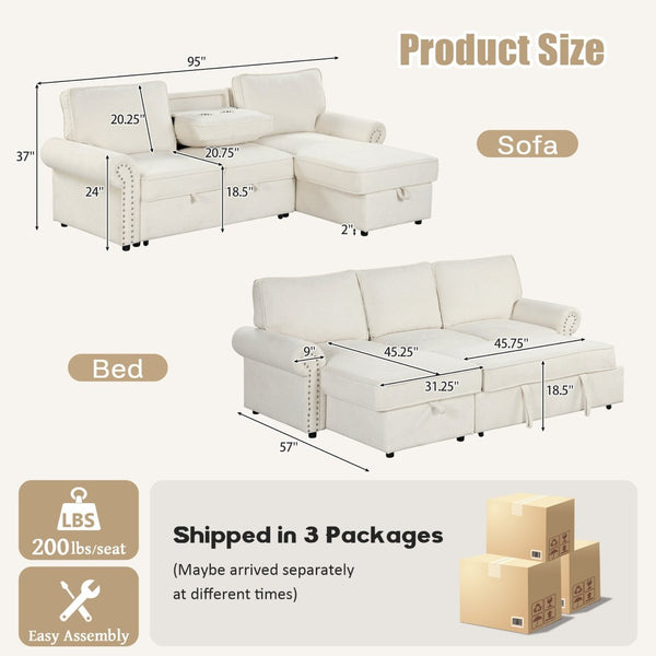 English Elm U_style Convertible Sectional Sofa with Sleeper Storage Chaise and Nailhead Arc Armrests WY000466AAA