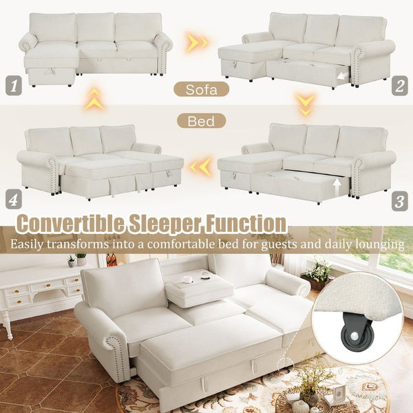 English Elm U_style Convertible Sectional Sofa with Sleeper Storage Chaise and Nailhead Arc Armrests WY000466AAA