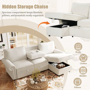 English Elm U_style Convertible Sectional Sofa with Sleeper Storage Chaise and Nailhead Arc Armrests WY000466AAA