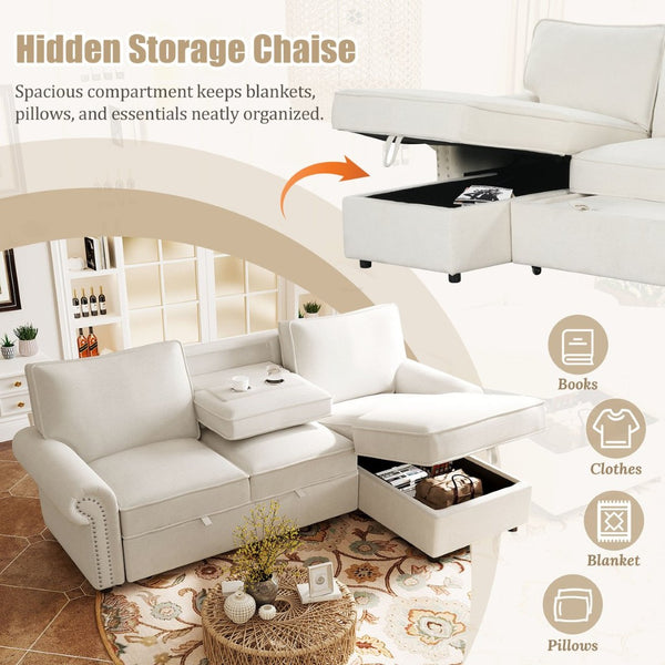 English Elm U_style Convertible Sectional Sofa with Sleeper Storage Chaise and Nailhead Arc Armrests WY000466AAA