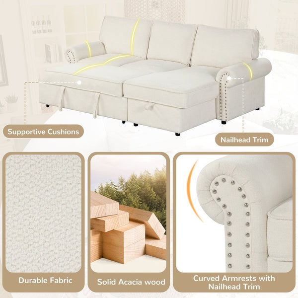 English Elm U_style Convertible Sectional Sofa with Sleeper Storage Chaise and Nailhead Arc Armrests WY000466AAA