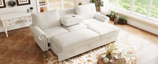 English Elm U_style Convertible Sectional Sofa with Sleeper Storage Chaise and Nailhead Arc Armrests WY000466AAA
