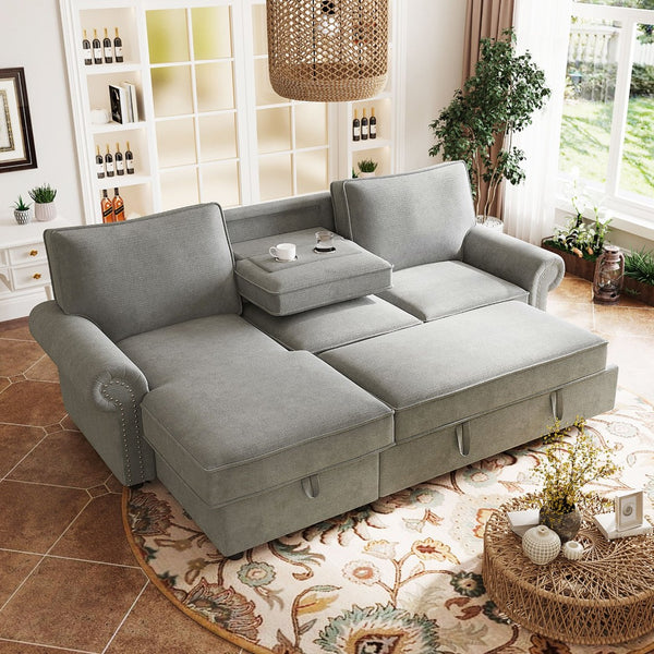 English Elm U_style Convertible Sectional Sleeper Sofa with Storage Chaise and Nailhead Arc Armrests WY000466AAE