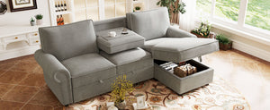 English Elm U_style Convertible Sectional Sleeper Sofa with Storage Chaise and Nailhead Arc Armrests WY000466AAE