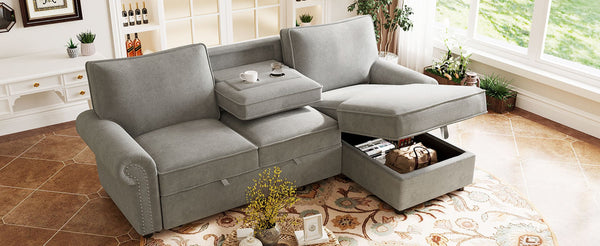 English Elm U_style Convertible Sectional Sleeper Sofa with Storage Chaise and Nailhead Arc Armrests WY000466AAE