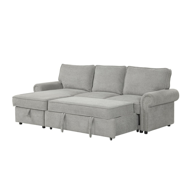 English Elm U_style Convertible Sectional Sleeper Sofa with Storage Chaise and Nailhead Arc Armrests WY000466AAE