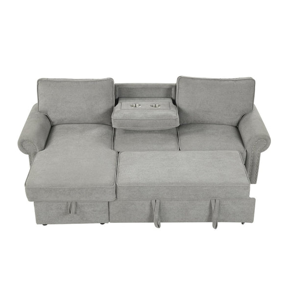 English Elm U_style Convertible Sectional Sleeper Sofa with Storage Chaise and Nailhead Arc Armrests WY000466AAE