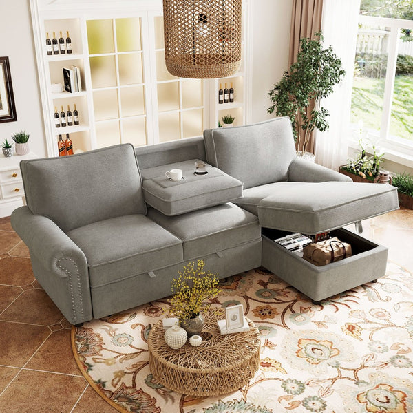English Elm U_style Convertible Sectional Sleeper Sofa with Storage Chaise and Nailhead Arc Armrests WY000466AAE