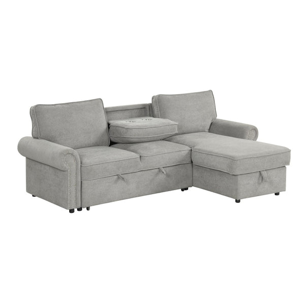 English Elm U_style Convertible Sectional Sleeper Sofa with Storage Chaise and Nailhead Arc Armrests WY000466AAE
