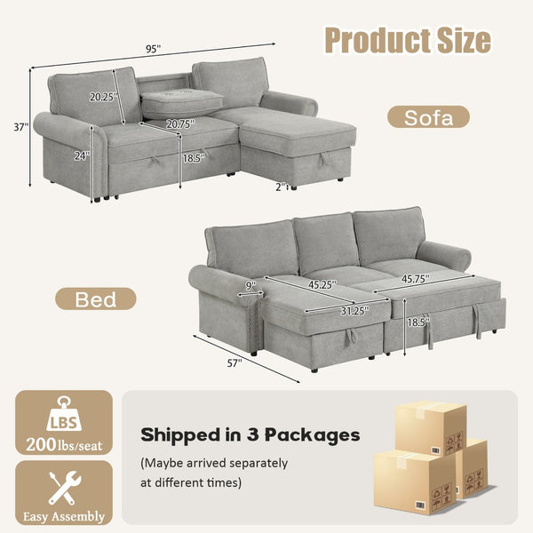 English Elm U_style Convertible Sectional Sleeper Sofa with Storage Chaise and Nailhead Arc Armrests WY000466AAE