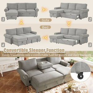 English Elm U_style Convertible Sectional Sleeper Sofa with Storage Chaise and Nailhead Arc Armrests WY000466AAE