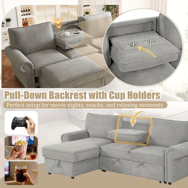 English Elm U_style Convertible Sectional Sleeper Sofa with Storage Chaise and Nailhead Arc Armrests WY000466AAE