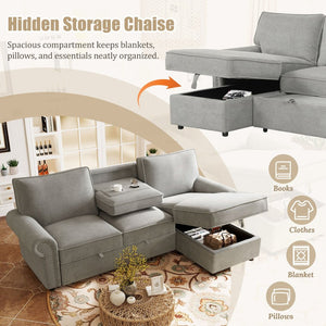 English Elm U_style Convertible Sectional Sleeper Sofa with Storage Chaise and Nailhead Arc Armrests WY000466AAE