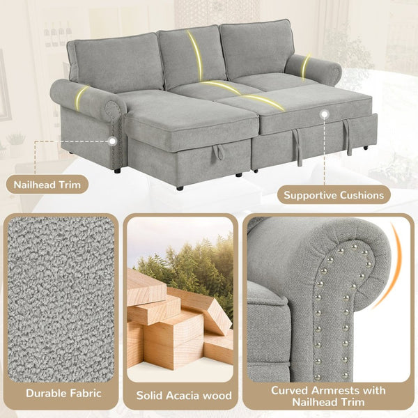English Elm U_style Convertible Sectional Sleeper Sofa with Storage Chaise and Nailhead Arc Armrests WY000466AAE