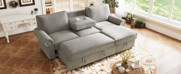 English Elm U_style Convertible Sectional Sleeper Sofa with Storage Chaise and Nailhead Arc Armrests WY000466AAE