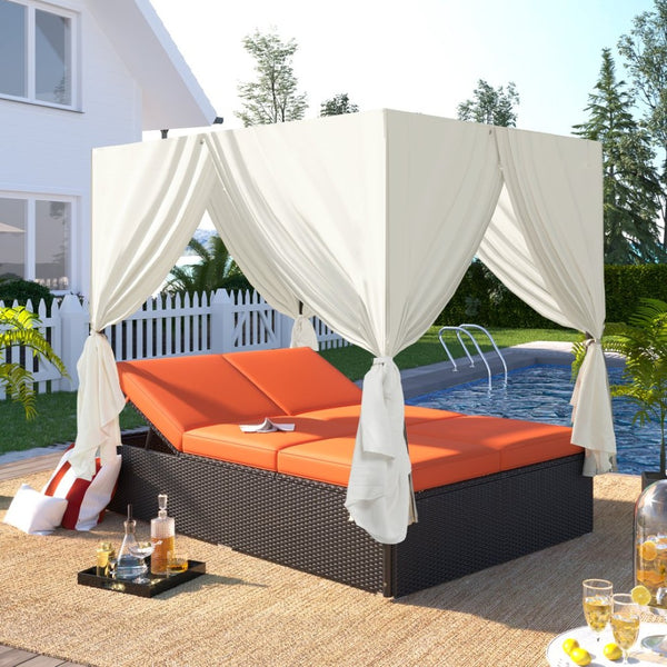 English Elm U_style Outdoor Steel Frame Double Daybed with Privacy Curtains Poolside Lounge WY000476AAO