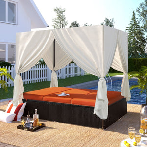 English Elm U_style Outdoor Steel Frame Double Daybed with Privacy Curtains Poolside Lounge WY000476AAO