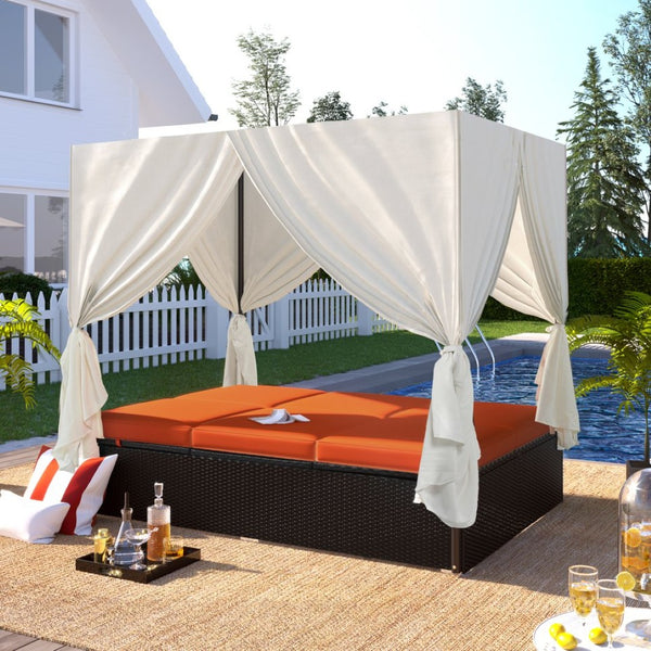 English Elm U_style Outdoor Steel Frame Double Daybed with Privacy Curtains Poolside Lounge WY000476AAO