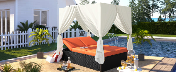 English Elm U_style Outdoor Steel Frame Double Daybed with Privacy Curtains Poolside Lounge WY000476AAO