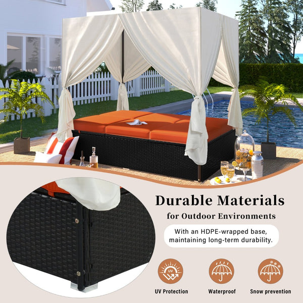 English Elm U_style Outdoor Steel Frame Double Daybed with Privacy Curtains Poolside Lounge WY000476AAO