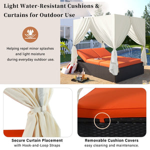 English Elm U_style Outdoor Steel Frame Double Daybed with Privacy Curtains Poolside Lounge WY000476AAO