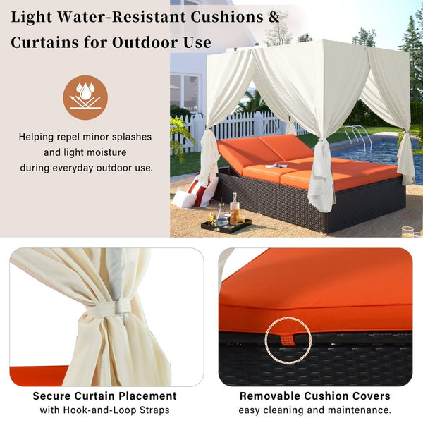 English Elm U_style Outdoor Steel Frame Double Daybed with Privacy Curtains Poolside Lounge WY000476AAO
