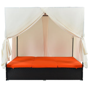English Elm U_style Outdoor Steel Frame Double Daybed with Privacy Curtains Poolside Lounge WY000476AAO