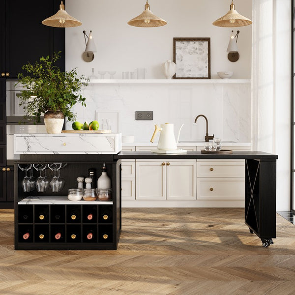 English Elm U_style Marble Look Extendable Kitchen Island with Wine Rack Gold Hardware Bar Cart WY000487AAB