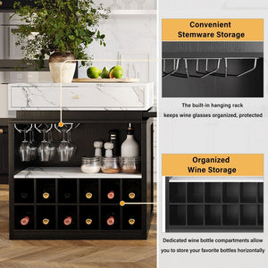 English Elm U_style Marble Look Extendable Kitchen Island with Wine Rack Gold Hardware Bar Cart WY000487AAB