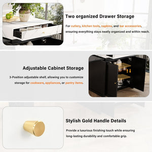 English Elm U_style Marble Look Extendable Kitchen Island with Wine Rack Gold Hardware Bar Cart WY000487AAB