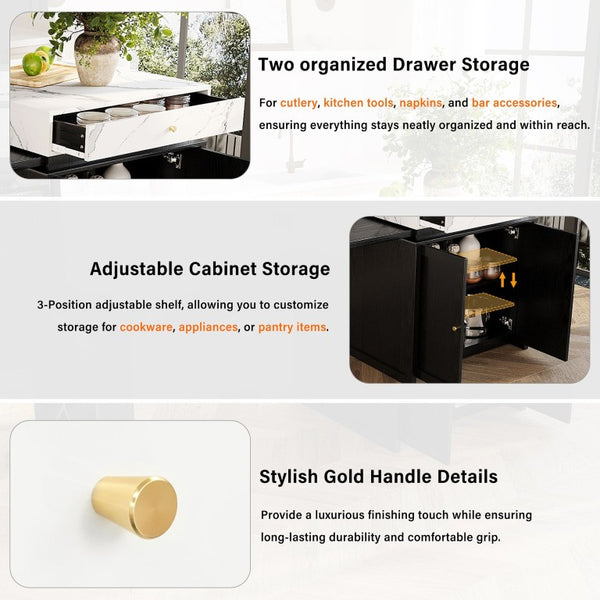 English Elm U_style Marble Look Extendable Kitchen Island with Wine Rack Gold Hardware Bar Cart WY000487AAB