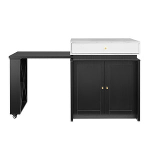 English Elm U_style Marble Look Extendable Kitchen Island with Wine Rack Gold Hardware Bar Cart WY000487AAB