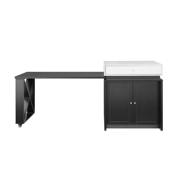 English Elm U_style Marble Look Extendable Kitchen Island with Wine Rack Gold Hardware Bar Cart WY000487AAB