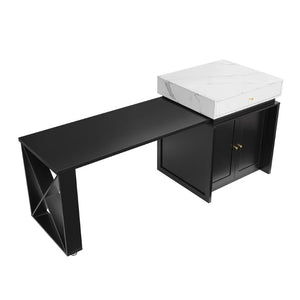 English Elm U_style Marble Look Extendable Kitchen Island with Wine Rack Gold Hardware Bar Cart WY000487AAB