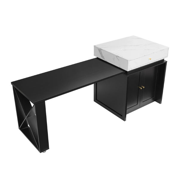 English Elm U_style Marble Look Extendable Kitchen Island with Wine Rack Gold Hardware Bar Cart WY000487AAB