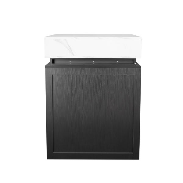 English Elm U_style Marble Look Extendable Kitchen Island with Wine Rack Gold Hardware Bar Cart WY000487AAB