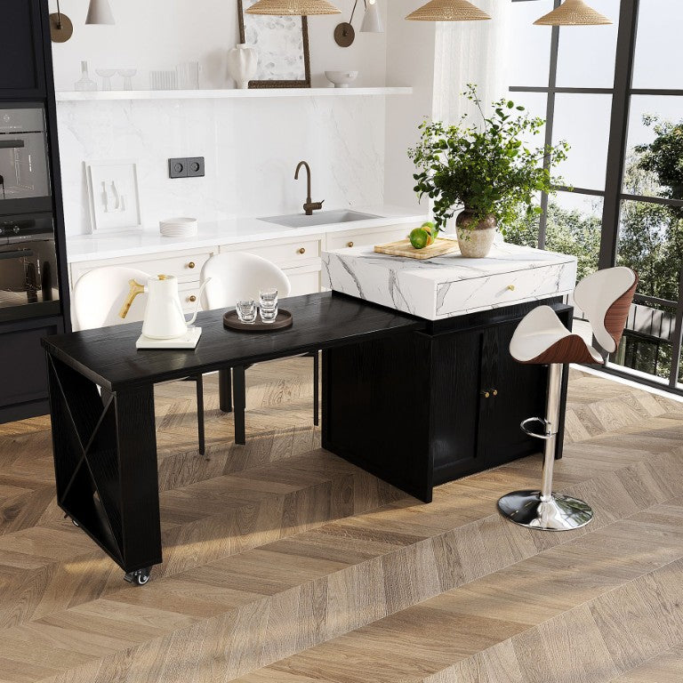 English Elm U_style Marble Look Extendable Kitchen Island with Wine Rack Gold Hardware Bar Cart WY000487AAB