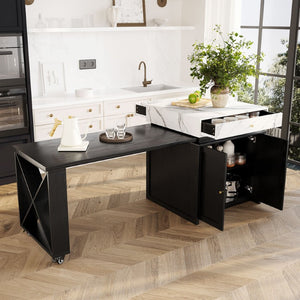 English Elm U_style Marble Look Extendable Kitchen Island with Wine Rack Gold Hardware Bar Cart WY000487AAB