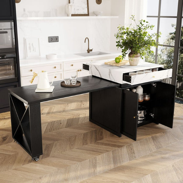 English Elm U_style Marble Look Extendable Kitchen Island with Wine Rack Gold Hardware Bar Cart WY000487AAB
