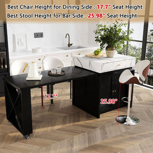 English Elm U_style Marble Look Extendable Kitchen Island with Wine Rack Gold Hardware Bar Cart WY000487AAB