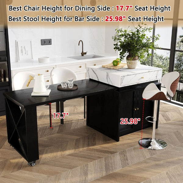English Elm U_style Marble Look Extendable Kitchen Island with Wine Rack Gold Hardware Bar Cart WY000487AAB