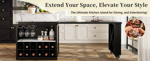 English Elm U_style Marble Look Extendable Kitchen Island with Wine Rack Gold Hardware Bar Cart WY000487AAB