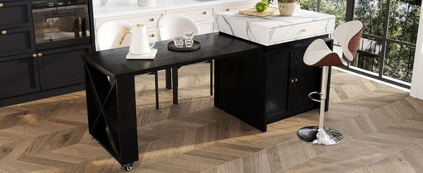 English Elm U_style Marble Look Extendable Kitchen Island with Wine Rack Gold Hardware Bar Cart WY000487AAB