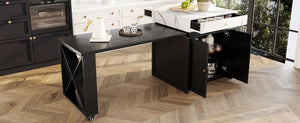 English Elm U_style Marble Look Extendable Kitchen Island with Wine Rack Gold Hardware Bar Cart WY000487AAB