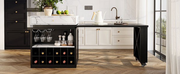 English Elm U_style Marble Look Extendable Kitchen Island with Wine Rack Gold Hardware Bar Cart WY000487AAB