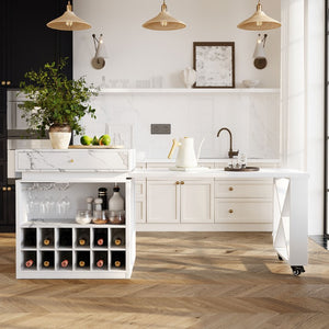 English Elm U_style Marble Pattern Extendable Counter Height Island with Wine Rack and Gold Hardware White WY000487AAK