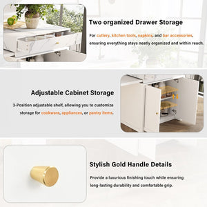 English Elm U_style Marble Pattern Extendable Counter Height Island with Wine Rack and Gold Hardware White WY000487AAK
