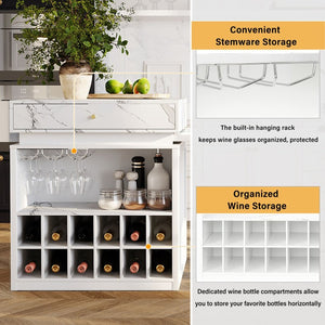 English Elm U_style Marble Pattern Extendable Counter Height Island with Wine Rack and Gold Hardware White WY000487AAK