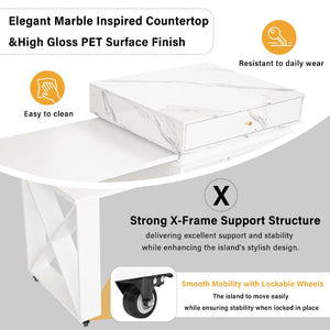 English Elm U_style Marble Pattern Extendable Counter Height Island with Wine Rack and Gold Hardware White WY000487AAK